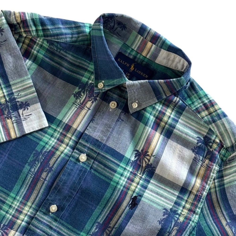 Ralph Lauren Boy Large 14-16 Plaid Palm Tree Short Sleeve Button Down Shirt Blue